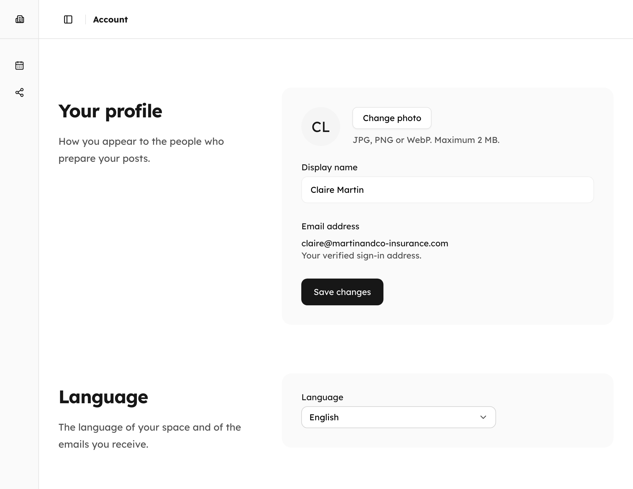 The Account page: the display name, the email address and the space’s language