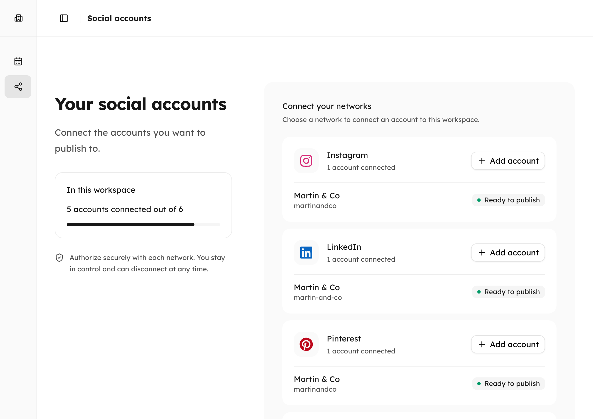 The Social accounts page: a LinkedIn page and an Instagram account, connected