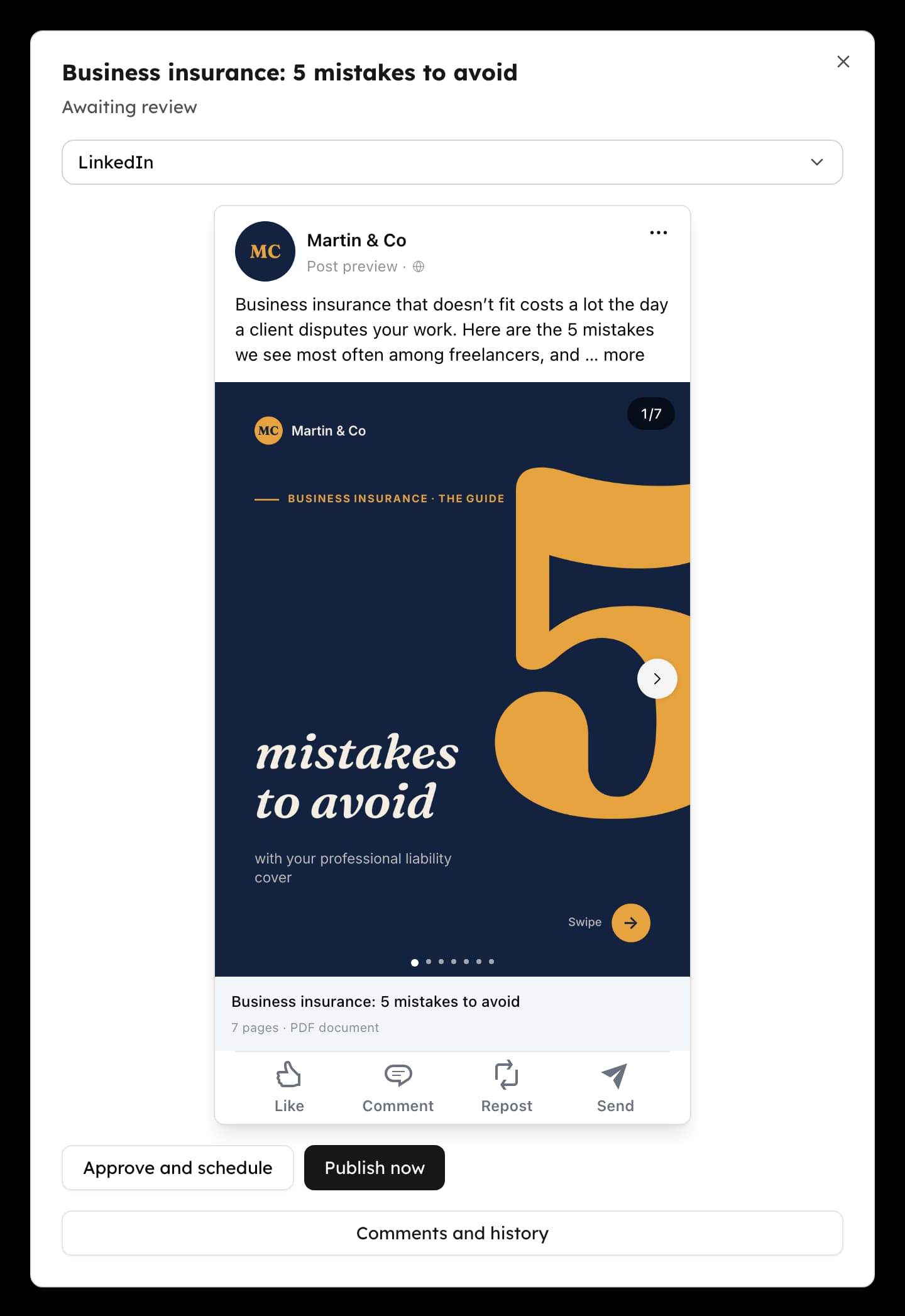 A post awaiting approval: the LinkedIn preview of a carousel, with the Approve and schedule and Publish now buttons