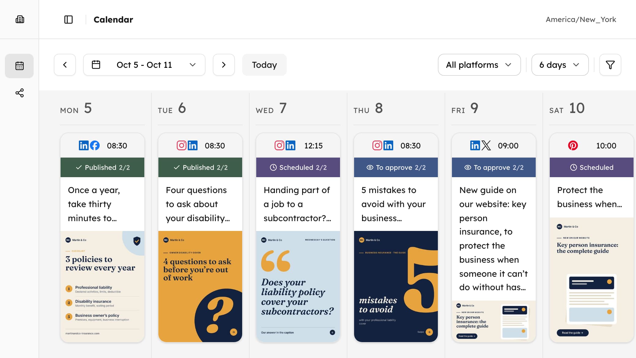 The space’s calendar: a week of posts, published, scheduled and awaiting approval
