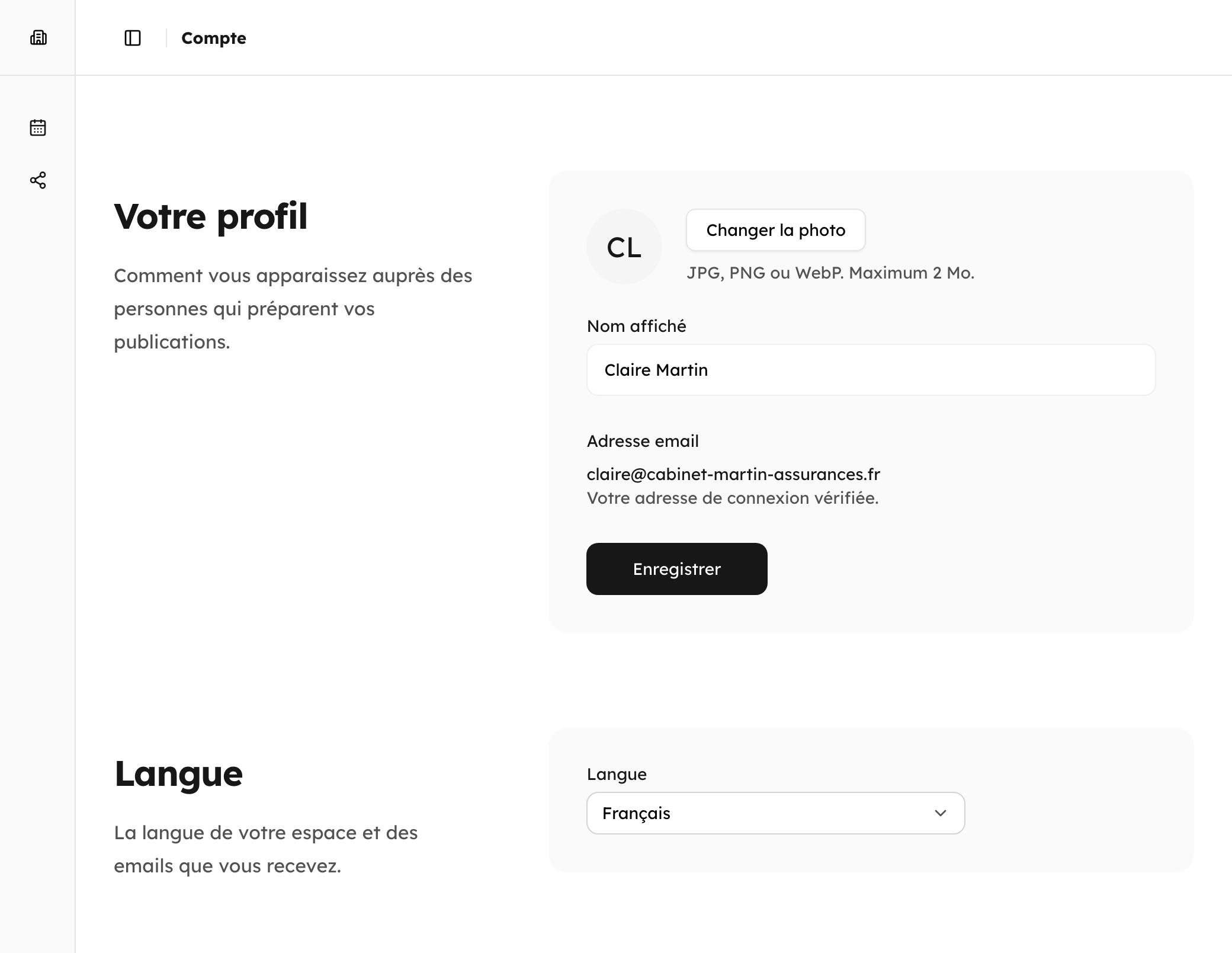 La page Compte : le nom affiché, l’adresse email et la langue de l’espace