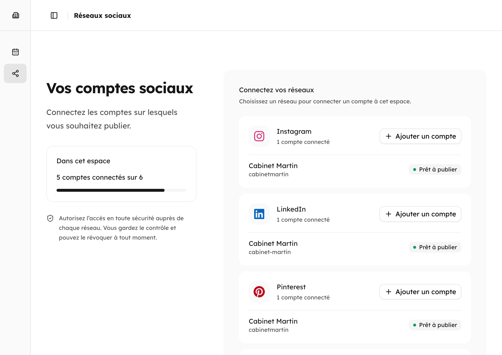 La page Réseaux sociaux : une page LinkedIn et un compte Instagram connectés