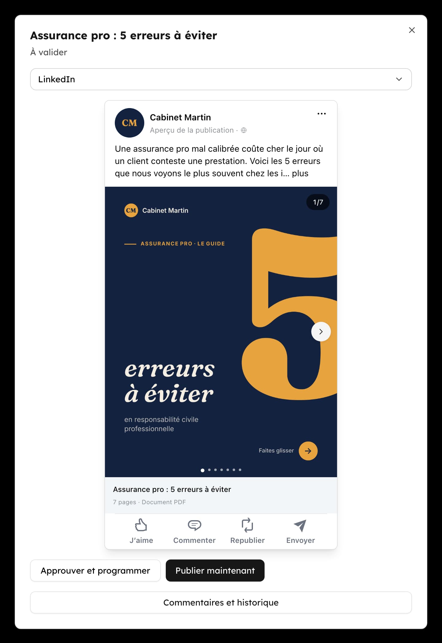 Une publication à valider : l’aperçu LinkedIn d’un carrousel, avec les boutons Approuver et programmer et Publier maintenant